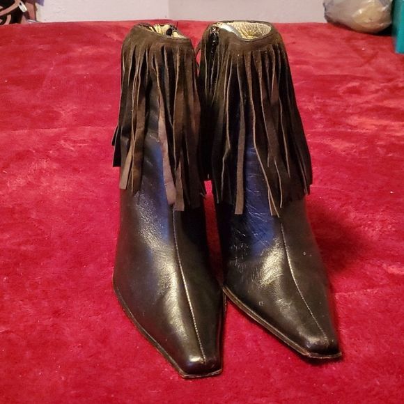 Paco Gil Sexy Black Heeled Fringe Leather Boots Size 6 - Picture 2 of 12